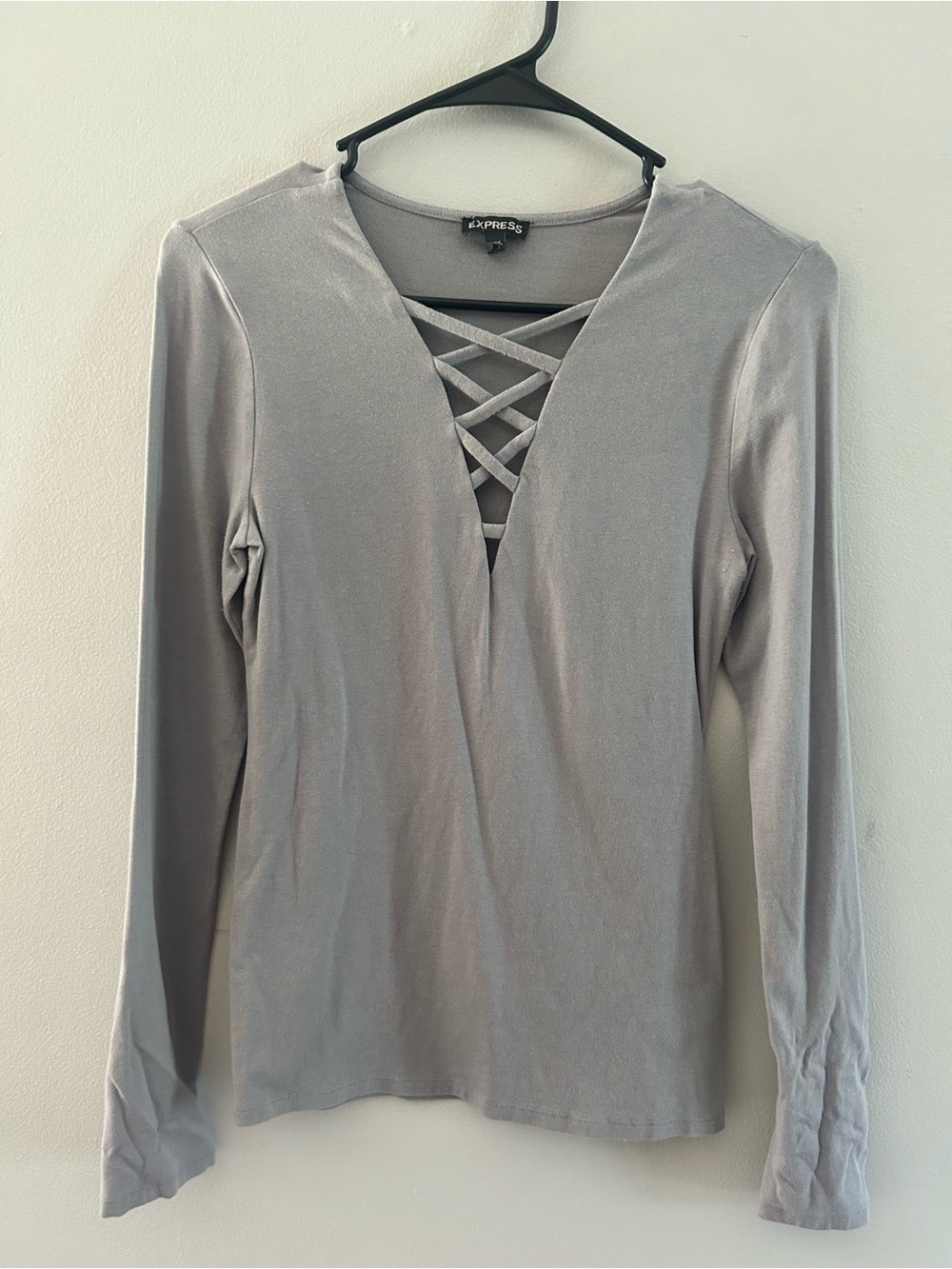 Express Light Gray Long Sleeve Crisscross V-Neck Top